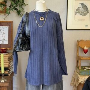 Blue Chunky Ribbed Knit Tunic Sweater Oversized 90s Grunge Vintage Large Faded